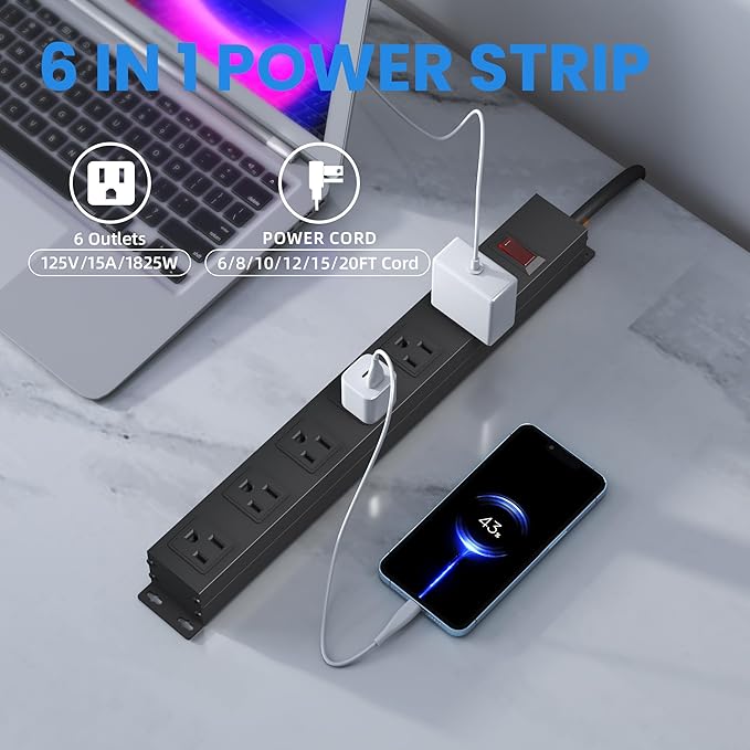 6 Outlet Power Strip with Wide Spaced and 10FT Power Cord,Wall Mount Metal Industrial Power Strip Heavy Duty for Commercial,Garage,School and Home,15A 125V 1875W,Black(10FT)