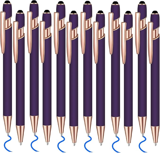12 Pcs Blue Ink Ballpoint Pen with Stylus Tip, 1.0 mm Metal Pen Stylus Pen for Touch Screens, 2 in 1 Thank You Pen Gift for Office (Purple Rose Gold)