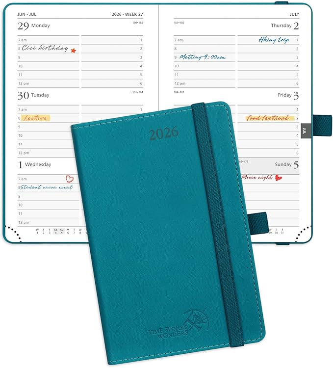 POPRUN Pocket Calendar 2026 (Small Size- 4'' x 6.25") Weekly and Monthly for Purse - Planner 2026 (Jan. 2026 - Dec. 2026) with Vegan Leather Soft Cover, Plastic Ruler, Pen Holder and More - Pacific Green