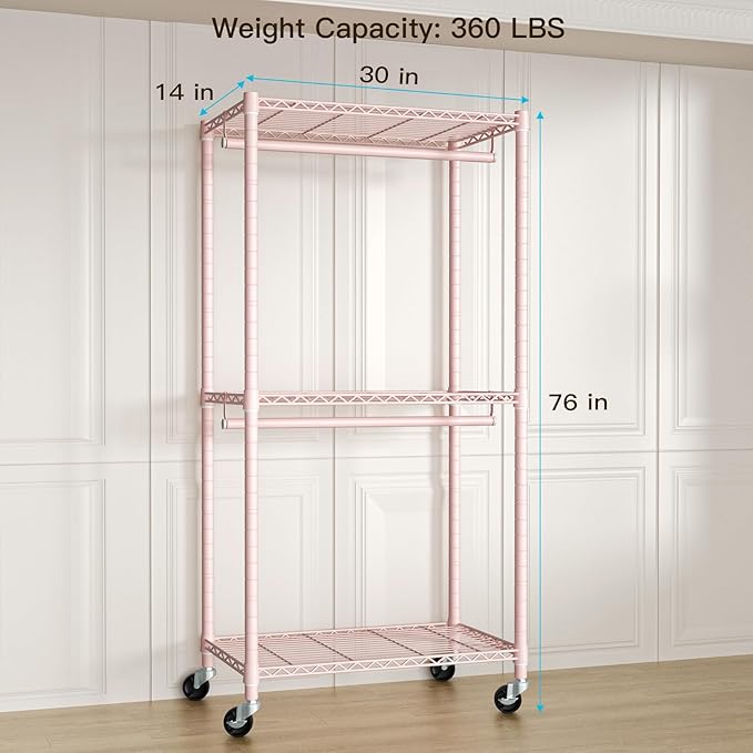 P1 Medium Heavy-Duty Portable Closet, 30" W x 14" D x 76" H, Metal Rolling Clothing Rack, Pink