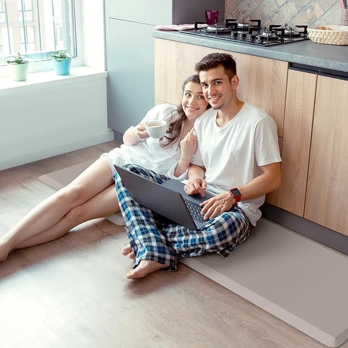 KitchenClouds 2PCS Kitchen Rugs Cushioned Anti-Fatigue Non-Slip Waterproof Kitchen Mat Comfort Foam Standing Mat for Floor Office Sink Laundry (Khaki)