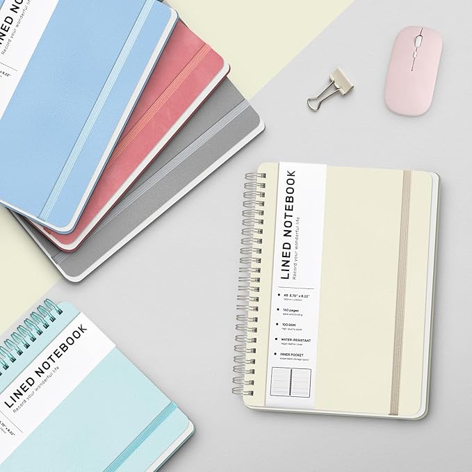 Lined Spiral Journal Notebook, A5 Hardcover Leather Notebook for Work, 5.7''×8.2'', 100GSM Thick Paper Spiral Bound Journaling Notebook for Women Men Office School Note Taking Business, Morandi Cream