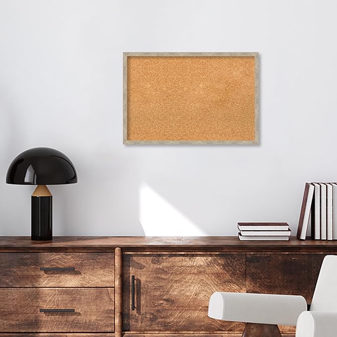 Amanti Art Natural Cork Board for Wall, 17x25 Vision Board with Silver Wood Frame, Medium Corkboard Office Decor for Home Organization, Modern Contemporary Corkboard Pinboard to display items for home