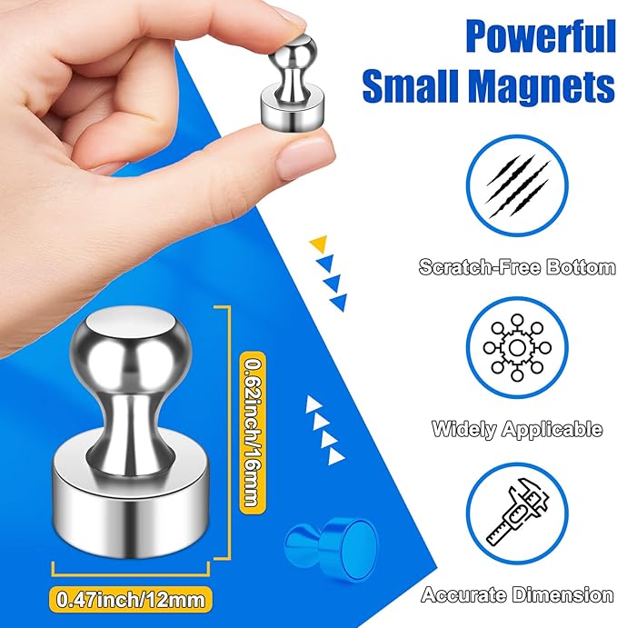 Strong Magnetic Push Pins, Small Whiteboard Magnets, Silver Kitchen Magnets for Refrigerator, 56 Pack Magnetic Clips Heavy Duty for Crafts, Office, Classroom, Gadgets, Desk Decor