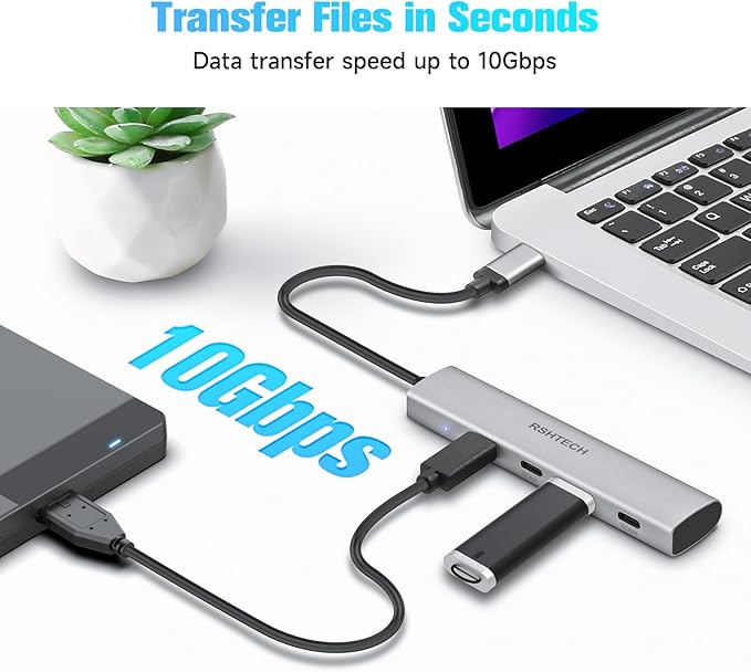 USB C Hub 10Gbps RSHTECH 4-Port USB C to USB-C 3.2 Gen 2 Dongle, Portable USB C Multiport Adapter for Thunderbolt/Type C Laptop and More, Gray (RX04)