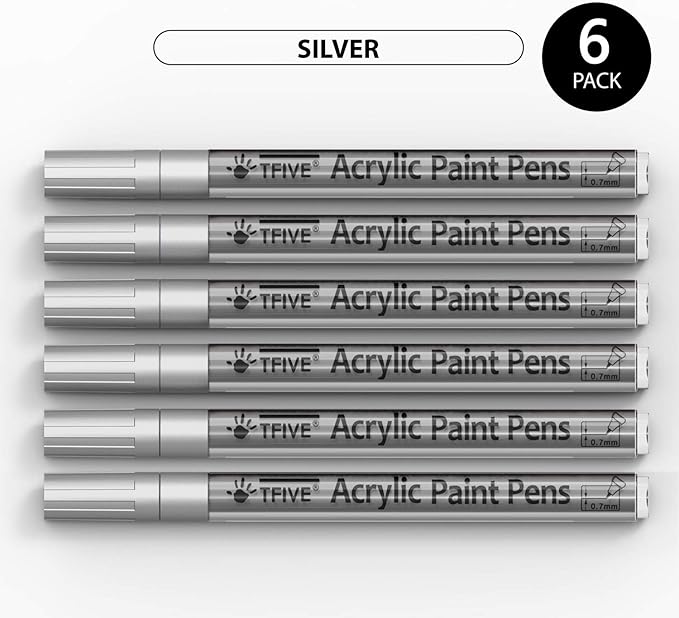 Silver Marker Paint Pens - 6 Pack Acrylic Silver Permanent Marker, 0.7mm Extra Fine Tip Paint Pen for Art project, Drawing, Rock Painting, Stone, Ceramic, Glass, Wood, Plastic, Metal, Canvas DIY Craft