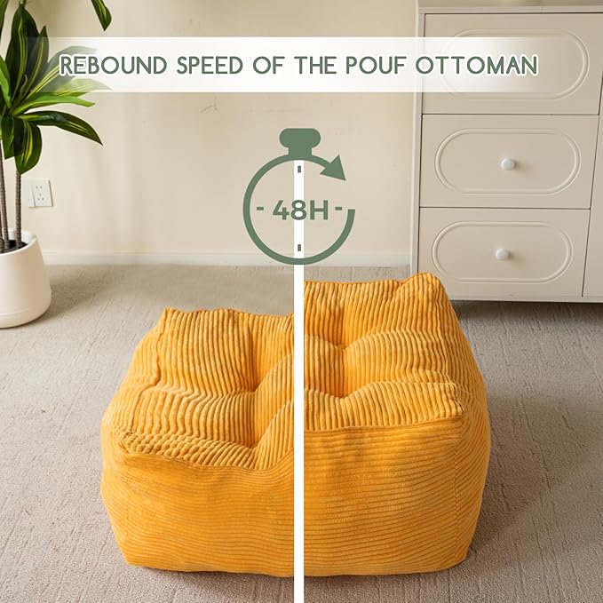 HIGOGOGO Square Stuffed Pouf Ottoman, Corduroy Poufs with Foam Chunk Filling, Furry and Fluffy Pouf Foot Stool Storage Ottoman, 21 X 21 Floor Poufs Foot Rest for Living Room, Orange