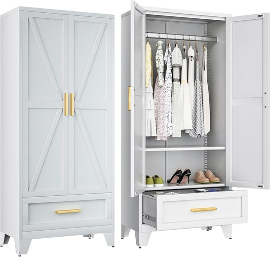 Metal Wardrobe Cabinet,71 Armoire Wardrobe Closet with Drawers and Hanging Rod,Metal Armoire with Adjustable Shelves for Closet,Bedroom,Farmhouse Storage Cabinet with Drawer(White)