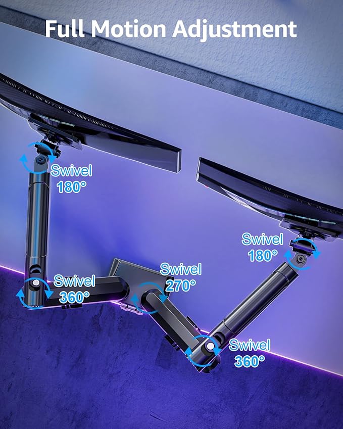 Dual Monitor Mount for 32 27 24 22inch Screens, Gas Spring Monitor Stand for 2 Monitor, Full Adjustable Monitors Desk Mount with C-Clamp＆Grommet Base, Each Arm Holds 4.4-22 lbs, Freelift Pro Black