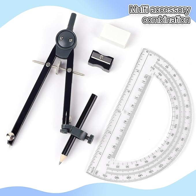 Professional Compass for Geometry Set, Metal Compass with Wheel and Lock for Geometry, Drawing Compass Tool, Circle Drafting Tool, and 6 Inch Math Protractors 180 Degree (Black)