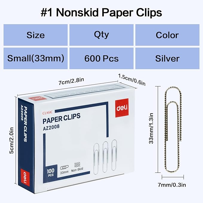 Deli #1 Nonskid Paper Clips, 600 Medium Paper Clips, 6 Boxes of 100 Each, Silver