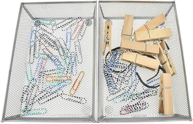 HAHIYO Stackable Mesh Tray Cup 9 x 6 x 2 inches Sturdy Container for Desk Drawer Organizer Collection for Home Office School kitchen Soft Foam Feet No Sharp Edges 1 Pack Silver