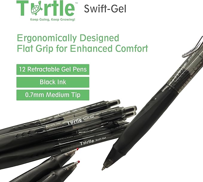 Turtle Swift Gel Pens – Retractable Gel Pens with Black Ink, 0.7mm Medium Point Ballpoint Pens for Writing, Journaling, Note-Taking – Quick-Drying, Smudge-Free – School & Office Supplies - 12-Pack