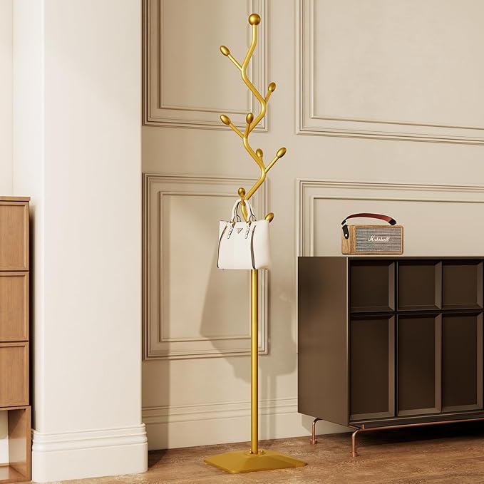 Tree-shaped coat rack stand,Metal coat tree with 8 Hooks and sturdy cast iron base,Heavy Duty coat rack freestanding coat hanger stand for Clothes Hats Scarfs Purses (gold)