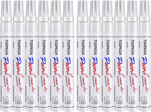White Paint Pens Permanent Paint Markers - 12 Pack Oil Based Marking Pens, Medium Point, Quick Drying and Waterproof Pens for Rock Painting Car Tyre Metal, Plastic, Canvas, Wood