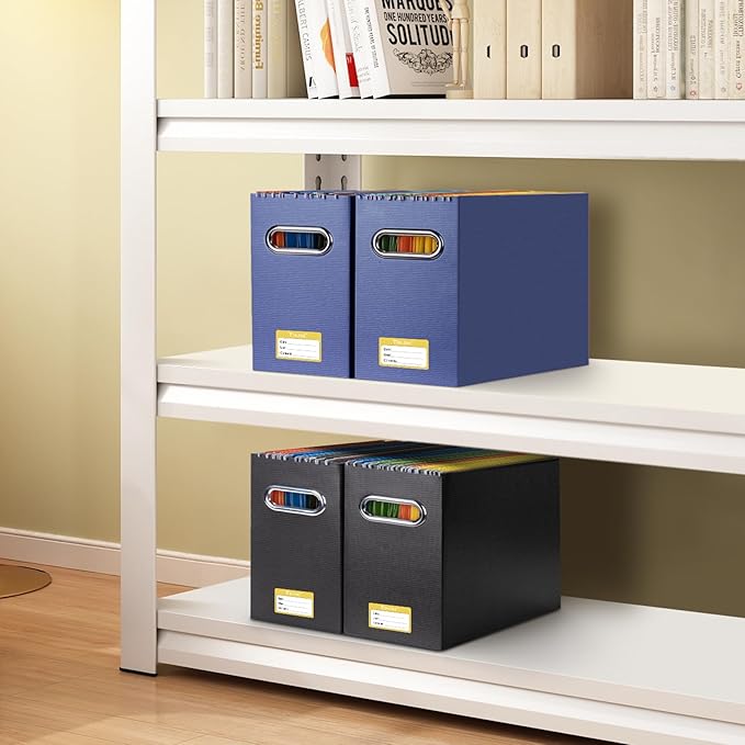 BALEINE File Organizer Box, Cardboard File Folder Organizer with Handle for Letter Size, Portable Collapsible Hanging Filing Box for Home Office Document Storage (2 Pack, Navy)