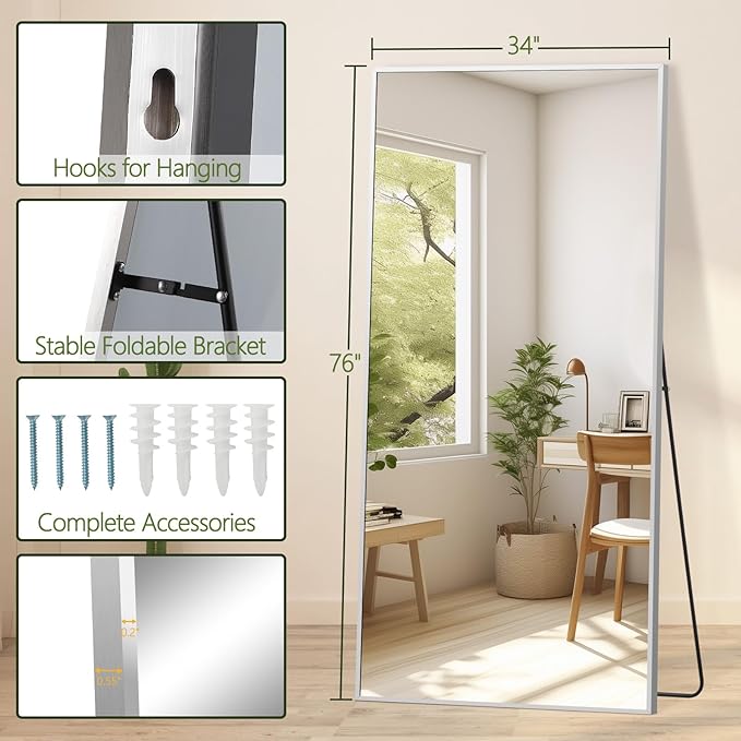 MELOMOIR 76"x34" Oversized Full Length Mirror, Free Standing Leaning or Hanging, Suitable for Bedroom Living Room Home Gym Cloakroom, Thin Aluminum Frame, Tempered Glass, Silver