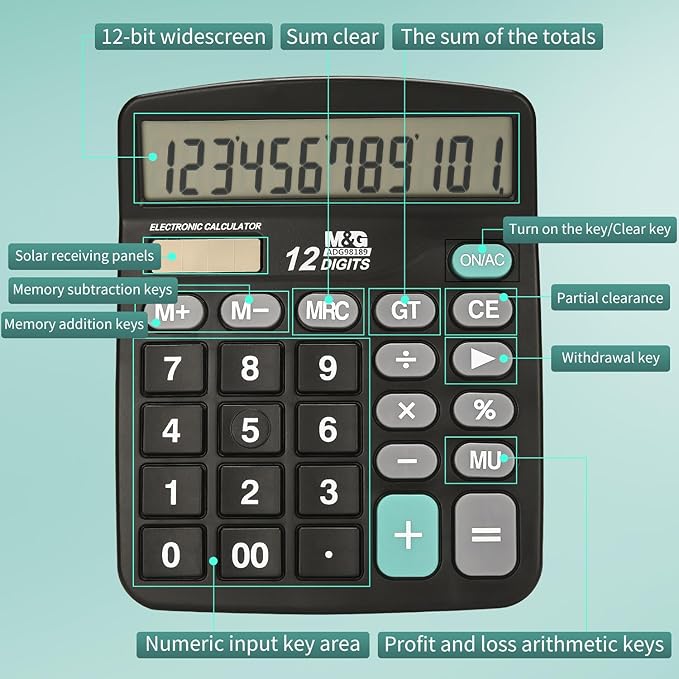 M&G Desk Calculator 12 Digit Office Calculators with Large LCD Display, Dual Solar Power and Battery, Recessed Big Button Calculator for Office Home School (Black)