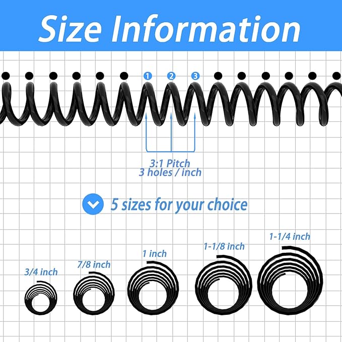 Rayson 19mm Plastic Spiral Coil Binding 3:1 Pitch, 3/4 inch, 160 Sheets Capacity Black Coil Binding Spines - Versatile for Office and Educational Tasks, Pack of 50
