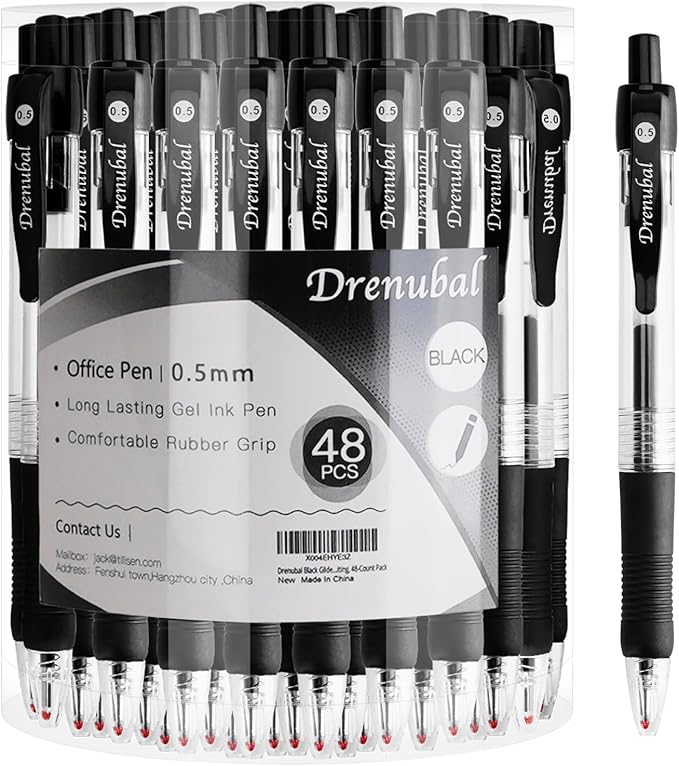 Black Glide Retractable Ball Pens, Medium Point (0.5mm), Comfortable Rubber Grip For Writing, 48-Count Pack
