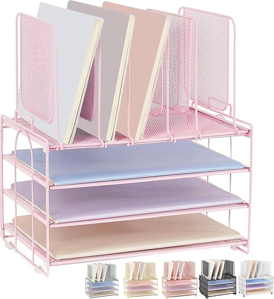 Paper Desk Organizer, 3-Tier Letter Tray with 5 Vertical File Holders, Multifunction Desktop Folder Organizers and Accessories for Home Office(Pink), LK-3CB
