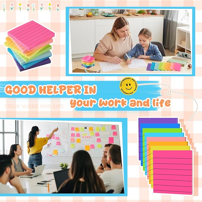 Leinuosen 64 Pack Lined Sticky Notes Self Stick Notes with Lines Bright Assorted Colors Sticky Pad for Home Office Products Post Memos, 2560 Sheets