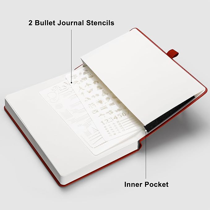 RETTACY Bullet Dotted Journal Notebook, 256 Pages, A5 Medium Size (5.7'' × 8.3''), Leather Hardcover, 120 GSM Thick Paper, for Bullet Journaling, Planning, Tracking (Red)