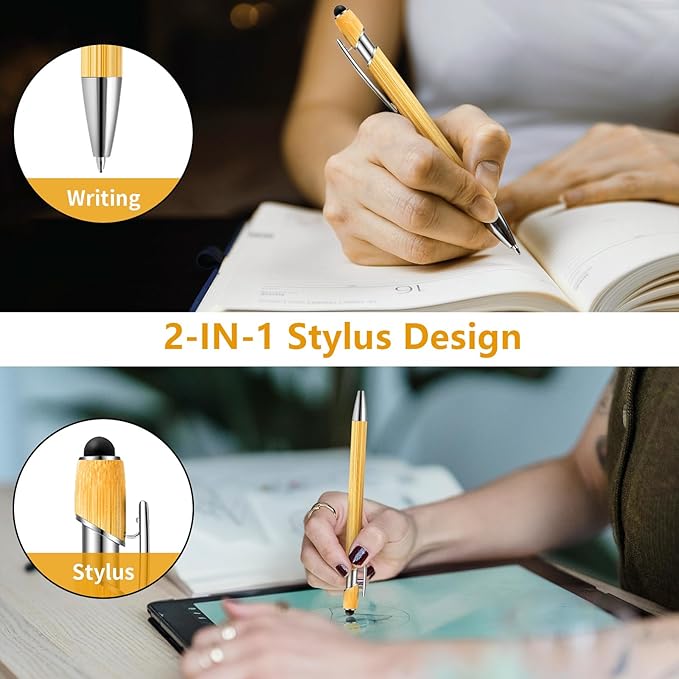 Bamboo Personalized Ballpoint Pens with Stylus - Customizable by Name, Ideal Gifts for Nurses, Women, Men & Teachers - Black Ink, 150 Pcs