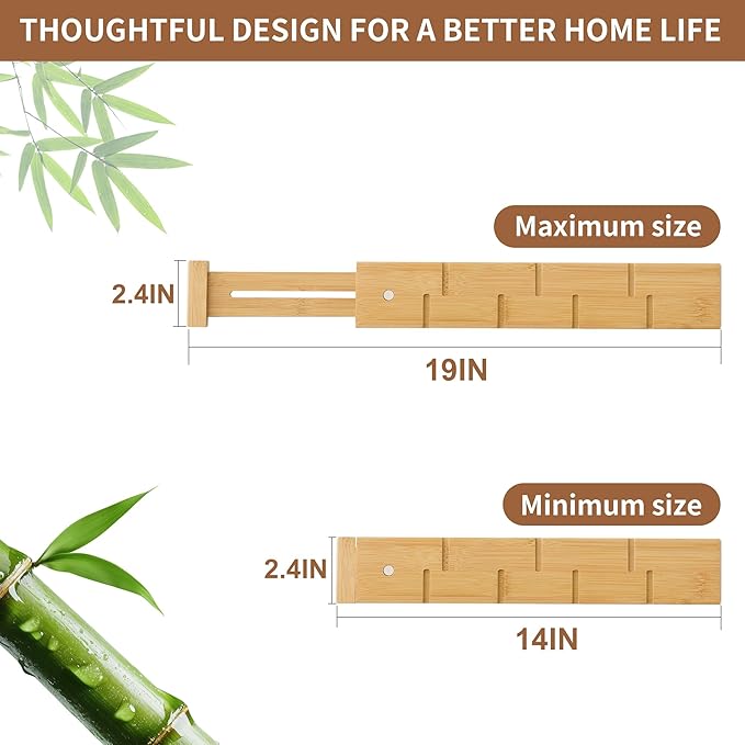 FILWH Bamboo Drawer Dividers with Inserts kitchen drawer organizer Adjustable Expandable 8 Pack Organizer Set for Kitchen Bedroom Bathroom Office 8 Dividers with 16 Inserts (Natural, Small (14-19IN))