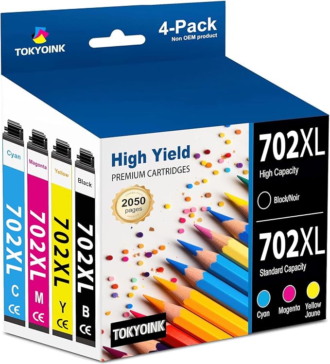 TOKYOINK 702XL Ink Cartridges Combo Pack Remanufactured Replacement for 702 Ink Cartridge 702 XL T702XL for Pro WF-3720 WF-3730 WF-3733 Printer Ink (Black, Cyan, Magenta, Yellow 4 Pack)