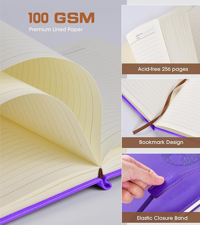 Lined Journal Notebook for Women Men,256 Pages A4 Large Hardcover Leather Journals for Writing,Travel,Business,Work,School,College Ruled Notebooks for Note Taking,Diary Notepad 8.6"×11"(Purple)