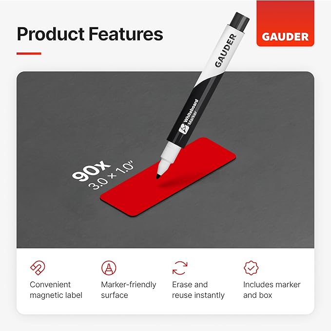 GAUDER Magnetic Dry Erase Labels | 90x Magnetic Labels (3 Inches x 1 Inch) | Dry Erase Magnets for Classroom, Whiteboard and Blackboard