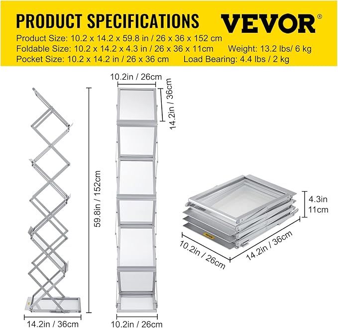 VEVOR Literature Rack, 6 Pockets, Pop up Aluminum Magazine Rack, Lightweight Catalog Holder Stand w/Carrying Bag for Living Room, Hotel, Trade Show, Exhibition, Office