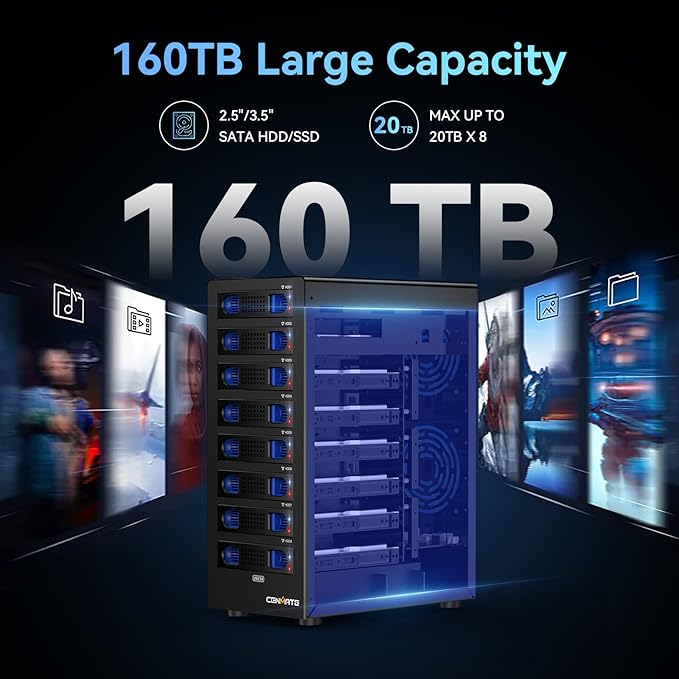8 Bay Hard Drive Enclosure with Cooling Fan for 2.5/3.5" SATA HDD/SSD with USB A/C 3.0 Cable, 3.5 Hard Drive Enclosure Supports 160TB Capacity, Tool-Free HDD Enclosure, DAS(NO RAID/NAS)