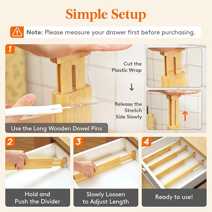 Lifewit 8 Pack Drawer Dividers Bamboo 2.4" High, 12-17" Adjustable Drawer Organizers for Clothes, Wooden Dresser Separators in Bedroom/Bathroom/Kitchen/Fridge/Office Organization and Storage