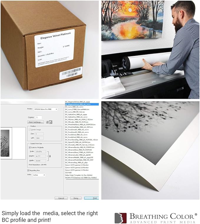 Elegance Velvet 36 in x 40 ft roll is a Premium Matte 310 gsm, Cold Pressed Bright White Museum Grade Fine Art Inkjet Paper, Compatible with Most Dye-Based and Pigment Printers