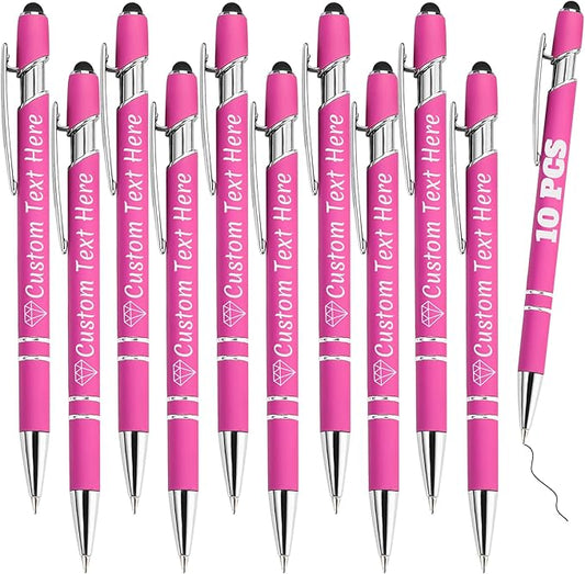 Personalized Pens Bulk 10 with Name Custom Engraving Ballpoint Pens with Stylus Tip Customized Smooth Writing Pens Personalized Gifts for Anniversary Birthday or Graduation(Pink,Black Ink)