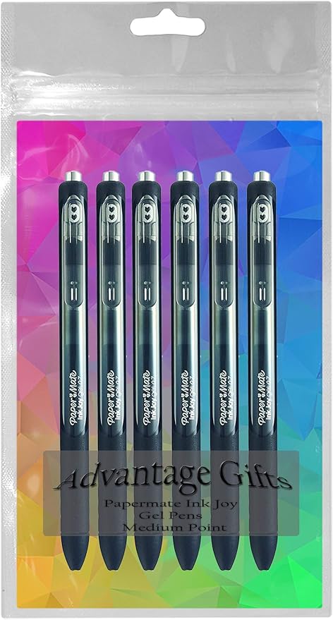 Paper Mate InkJoy Gel Pens, Black Ink, Medium Point (0.7mm), 6 Count, Bundle with Plastic Reusable Pouch