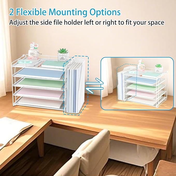 AUPSEN White Desk Organizers and Accessories, 5-Tier Letter Tray Paper Organizer with Adjustable File Holder, Desktop Office Desk Accessories for Office Supplies