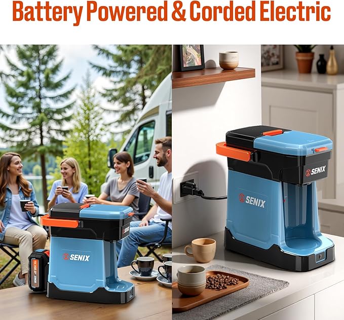 SENIX Coffee Maker, Portable Coffee Machine, 2-in-1 20V 5.0 Ah Battery, Charger & Power Cord, Compatible with K-Cups, Ground, Pods, 8oz Brew Size - for Travel, Camping, Job Site, RV, Home (CMX2-M4)