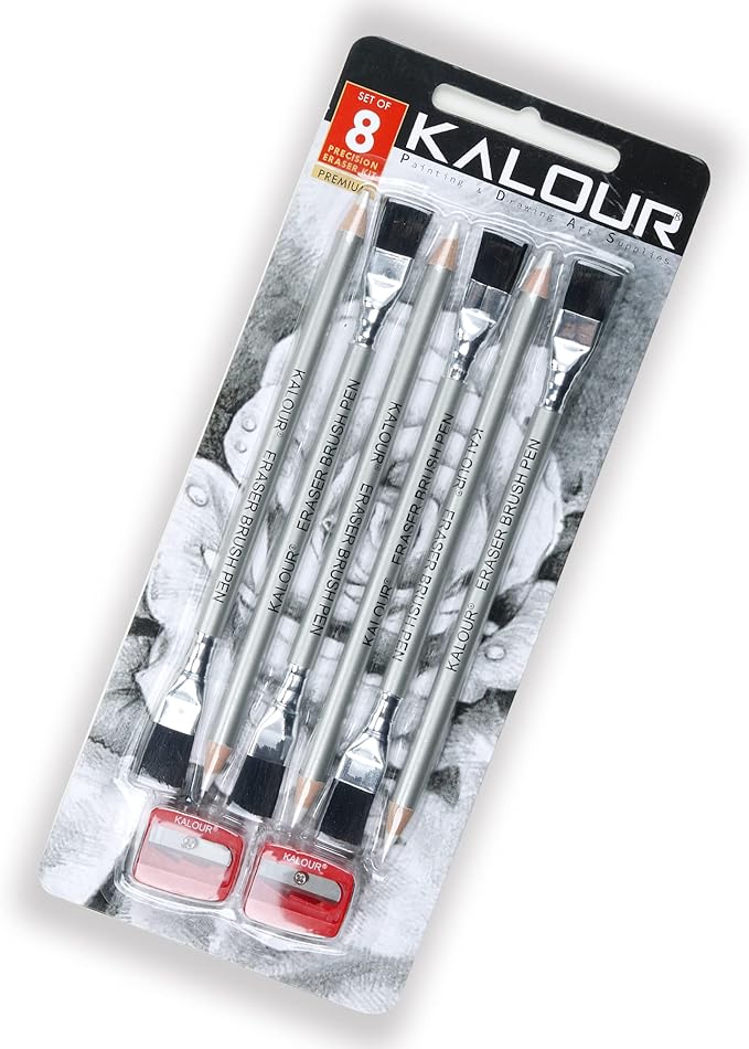 KALOUR Detail Eraser Pencil - 6pc Eraser Pencils with Brush and 2pc Sharpener,Erasing Small Details or add Highlights for Sketching, Charcoal Drawings. Fine Detail Eraser for Beginners & Artists