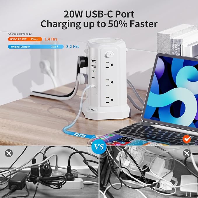 Long Surge Protector Power Strip 16 FT Cord, PD20W USB C Power Strip Tower with Night Light, Extension Cord with Multiple Outlets with 4 USB Ports, PASSUS Charging Station Home Office Essentials White