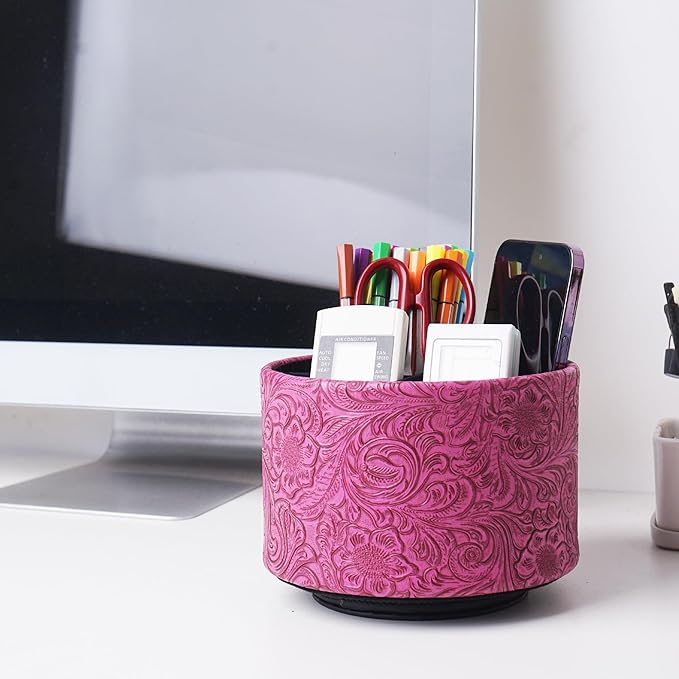 lizimandu Round Leather Art Supply Organizer,Remote Control Holder,360 Degree Spinning,Multi-Functional Pencil Holder,4 Compartments Desktop Stationary Organizer(1-Carved Red2)