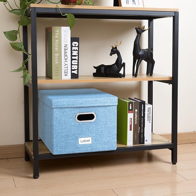 PRANDOM File Organizer Box - Set of 2 Collapsible Decorative Linen Filing Storage Hanging File Folders with Lids Office Cabinet Letter/Legal Size Blue (17x14x11.2 inch)