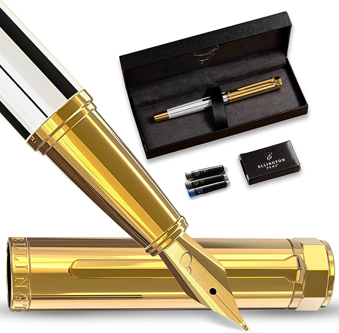 Luxury Fountain Pen Set- Fountain Pens for Writing - Smooth Fine Nib - Includes Refillable Ink Converter, 3 Ink Cartridges [Black & Blue], Gift Box - Elegant Calligraphy