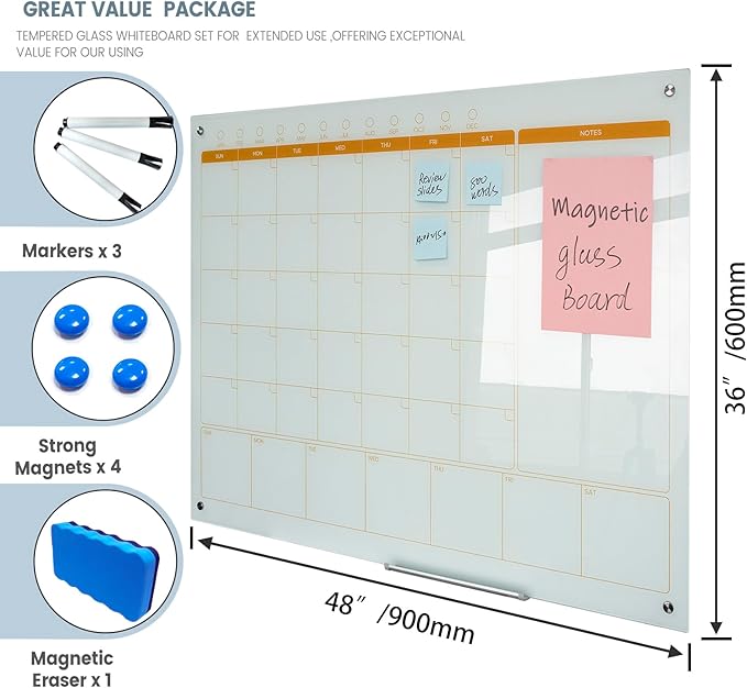 Magnetic Glass Planner Writeboard 36"X48" Monthly/Weekly 3 in 1 Calendar Premium Tempered Glass Dry Erase Boards Frameless Wall Mounted (White)