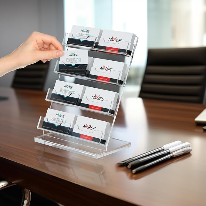 NIUBEE Acrylic Business Card Holder for Desk 4 Tier Clear Business Card Stand, Business Card Display for Office Exhibition, 520 Cards Capacity, 8 Slots