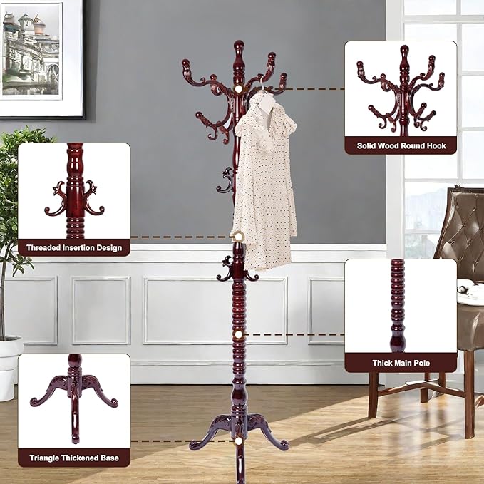 Solid Wood Coat Rack – 73" Freestanding Coat Racks Stand with 14 Hooks & Stable Base, Adjustable Height Modern Wooden Hall Tree for Entryway, Bedroom, Office, Home (Mahogany Triangle)