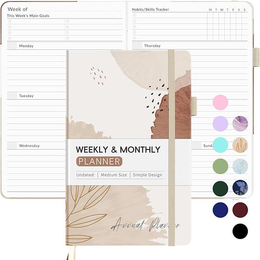 Undated Weekly Planner for 2025, Forvencer Simplified Weekly & Monthly Calendar Planner, Cute Daily Organizer Notebook, Agenda Journal to Track Goals & Tasks, Start Anytime, A5 Size, Brown Leaf
