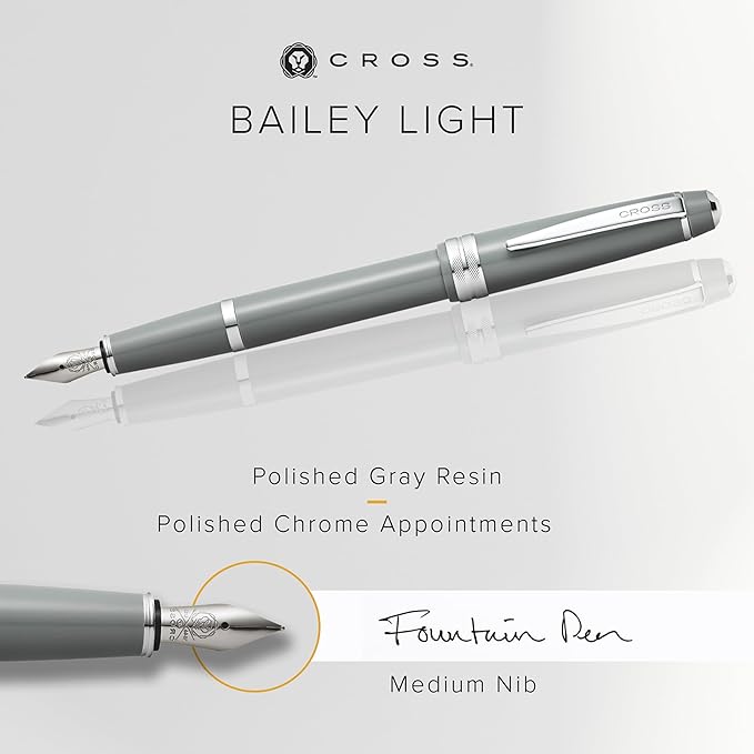 Cross Bailey Light Refillable Fountain Presented in a Everyday Gift Box - Medium Point, Black Ink, Polished Gray